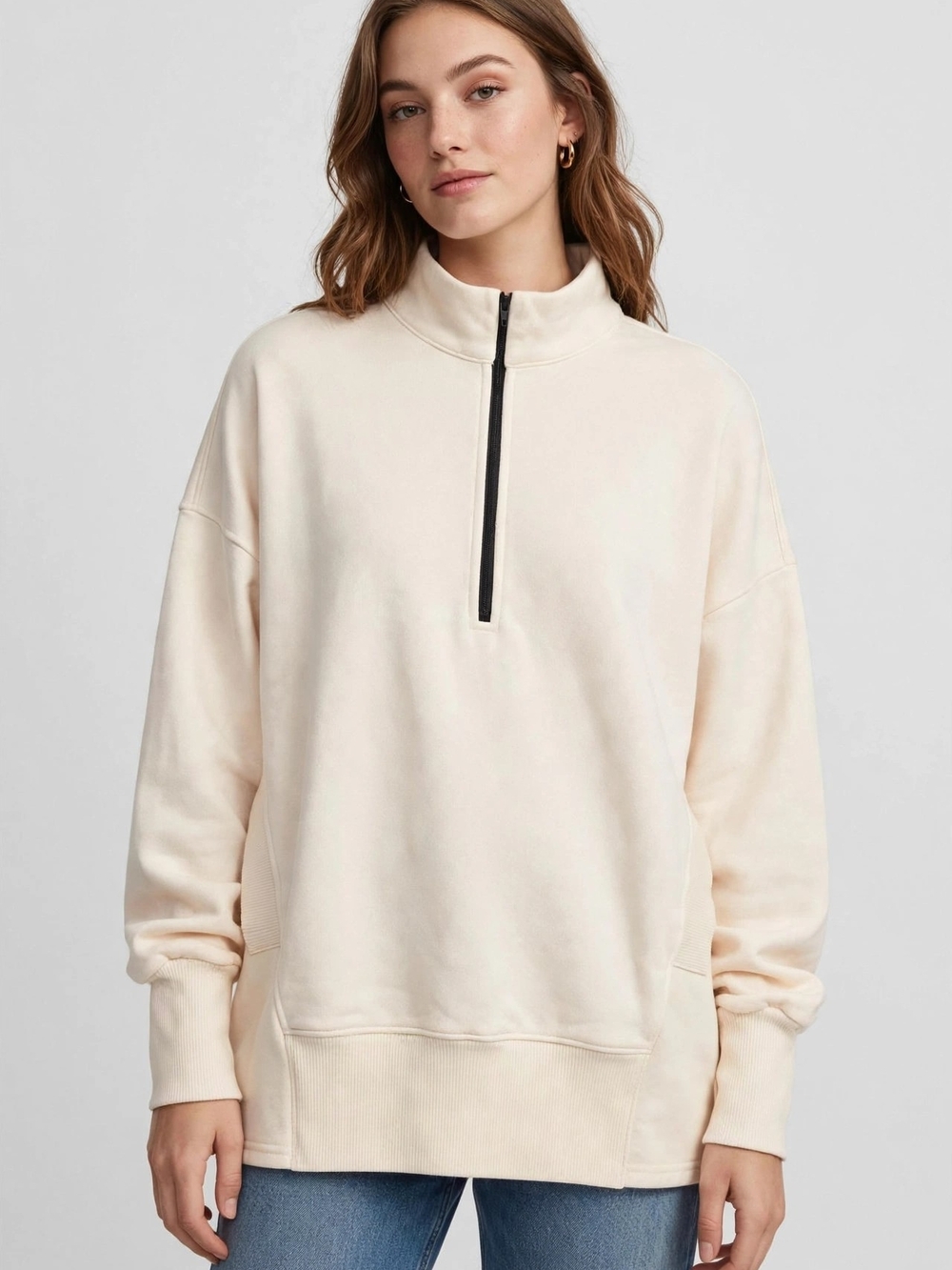 Dokotoo  Oversized Half Zip Sweatshirt - Beige Cream Fleece Mock Neck Pullover -